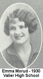 Black and white cameo-style portrait photo of Emma Morud, a young woman, smiling, with short flat-ironed curled hair in a V-neck dress, from a faculty page in the 1930 Valier, Montana High School yearbook.